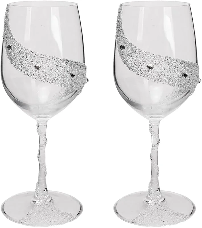 Puremagics Juego de 2 copas de vino tinto con diamantes de imitación, elegante cristal con diamantes artificiales, capacidad de 300 ml, tallo largo, perfecto para tinto o blanco, uso diario, regalo único de — Vino y mesa festiva