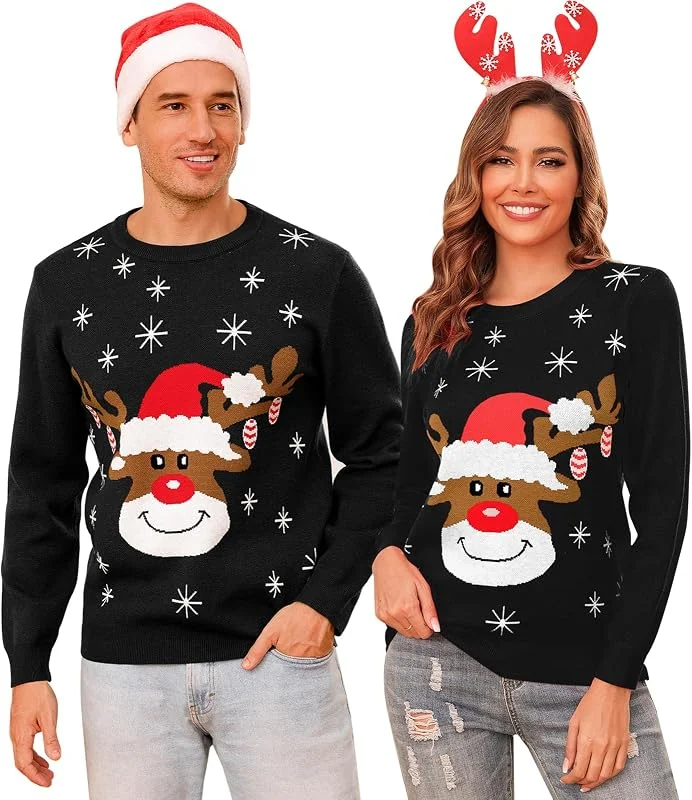 Visita la tienda de Aottori Aottori Jersey Navidad Mujer Hombre Suéter Navideño Matching Manga Larga Pullover Punto Unisex Pareja Cuello Redondo Reno Copo Nieve Invierno Familia — Ropa Navidad