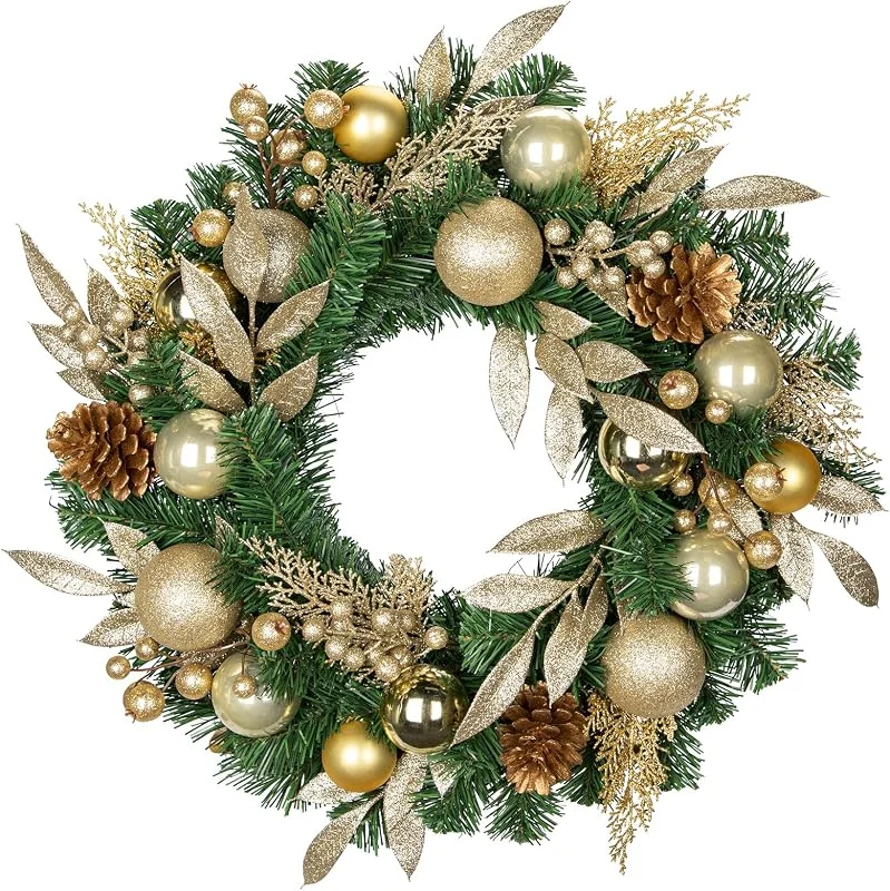 Visita la tienda de Oairse Corona de Navidad artificial de 24 pulgadas con rama artificial con purpurina, piñas, bolas decorativas de Navidad para puerta de casa, decoración de pared o decoración navideña, decoración de — Decoracion Navidad
