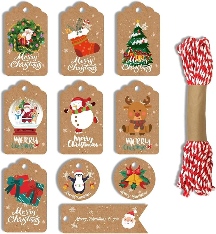 AUXHCYL 50 Piezas Etiquetas Regalo Navidads, Etiquetas Navidad Regalo con Cuerda — Envoltorio regalo