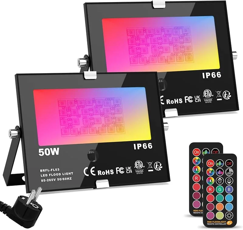 ChangM 2 x 50W Focos LED RGB Exterior, Foco LED Proyector Colores IP66, Foco 12 Colores con Control Remoto, 4 Modos, Función de Memoria y Temporizador, Decoración Jardín Fiesta Hotel — Luces Navidad