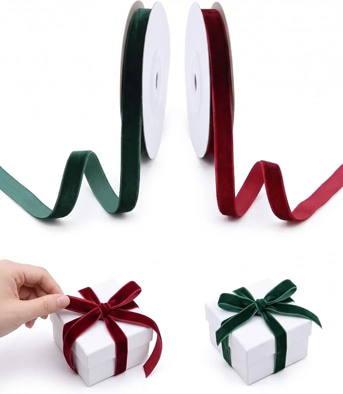 BTACGWP 2 Rollos de Cinta de Terciopelo Rojo Burdeos y Verde Oscuro 10 mm x 5 m Cinta Navideña para Regalos, Lazos, Árbol de Navidad, Decoración de Mesa y Hogar, Manualidades DIY — Envoltorio regalo