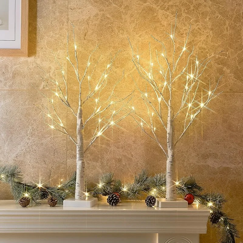EAMBRITE Juego de 2 árboles de Luz Interior 24LED Color Blanco Cálido, árboles de Abedul, Ramas Decorativas, Funciona con Pilas, decoración de Navidad, Fiestas, cumpleaños, Bodas (60 cm, 2ft) — Adviento y mesa