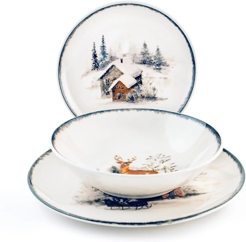 H&H White Forest - Servicio de mesa, 18 platos, de gres, Navidad, fiestas — Adviento y mesa