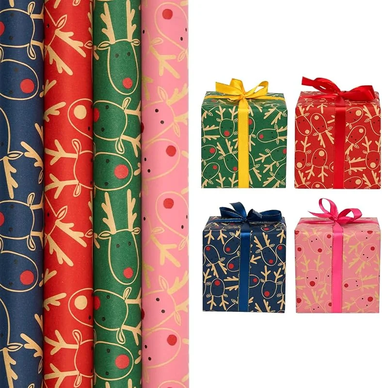 BESCMAX Papel de regalo kraft navideño: rollo de papel de regalo reciclable con diseño de alce festivo (4 rollos de 43 cm x 3 m) — Envoltorio regalo